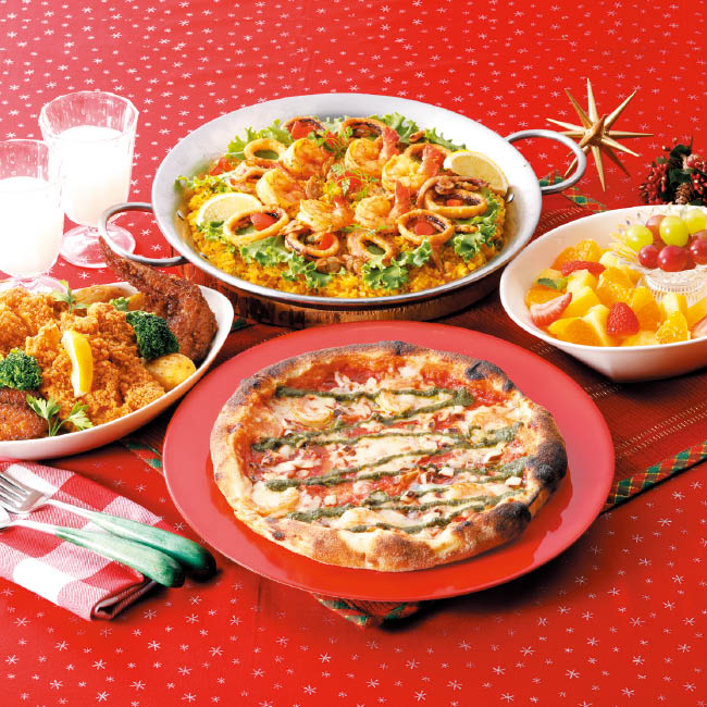 【ファミリーセットC】シーフードピザ・パエリア・チキン・フルーツ