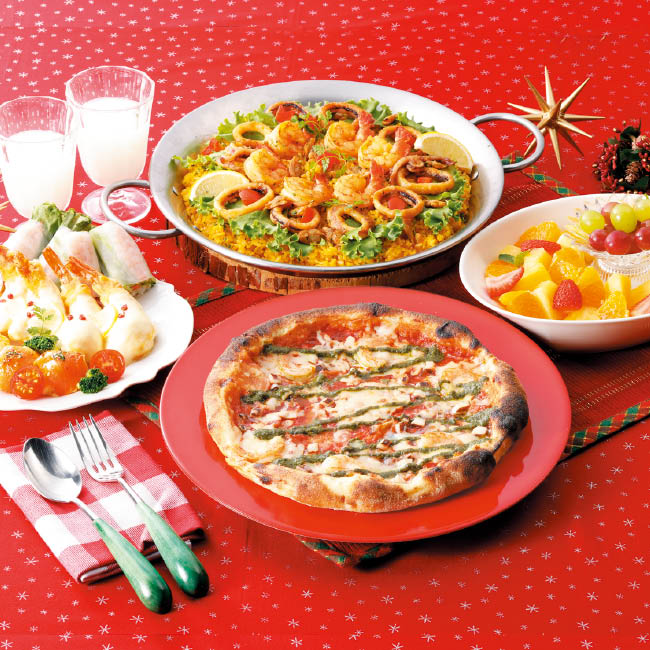 【ファミリーセットC】シーフードピザ・パエリア・海老マヨ・フルーツ